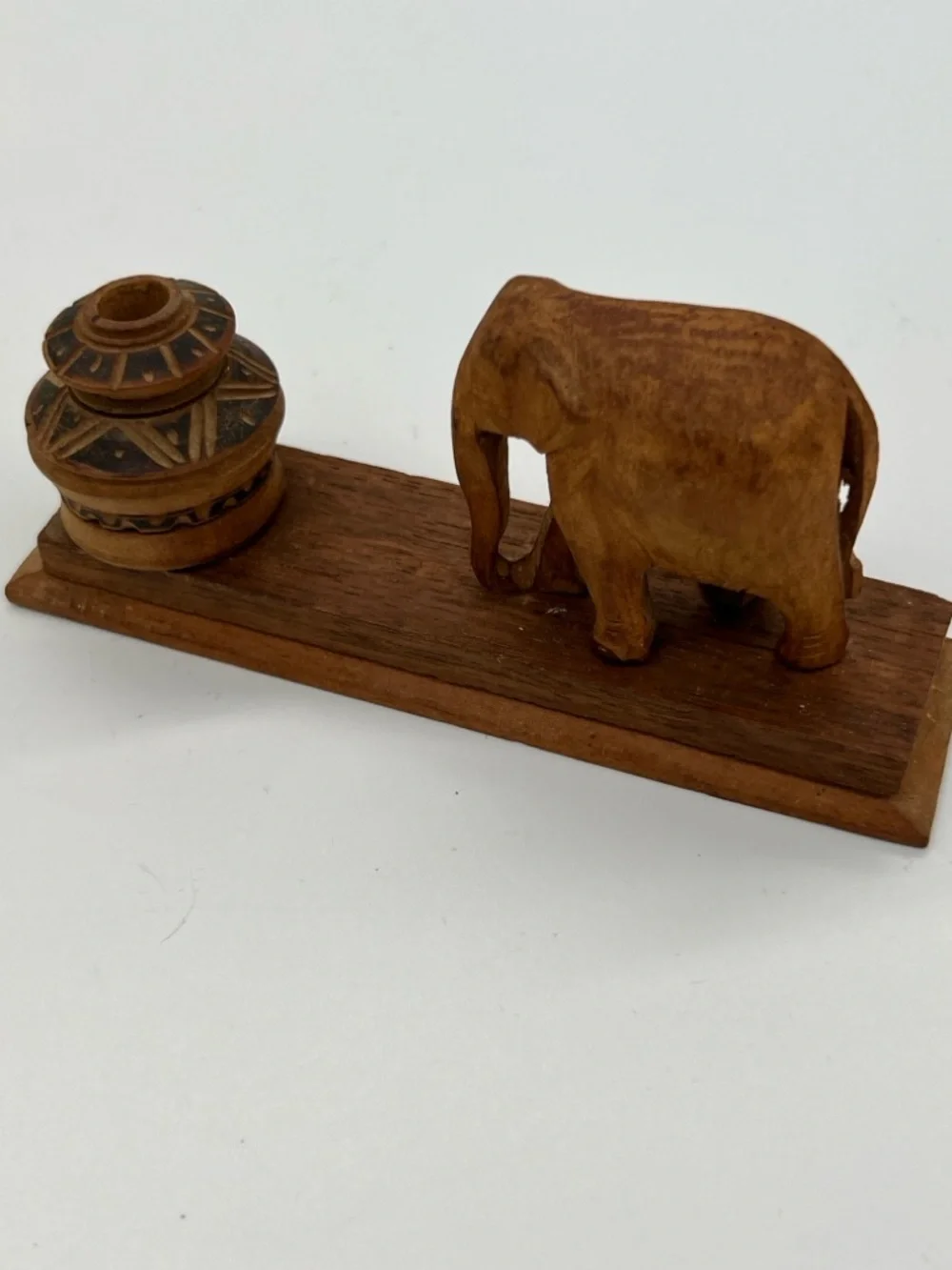 Vintage teak Hand-Carved Wooden Elephant Figurine on Base